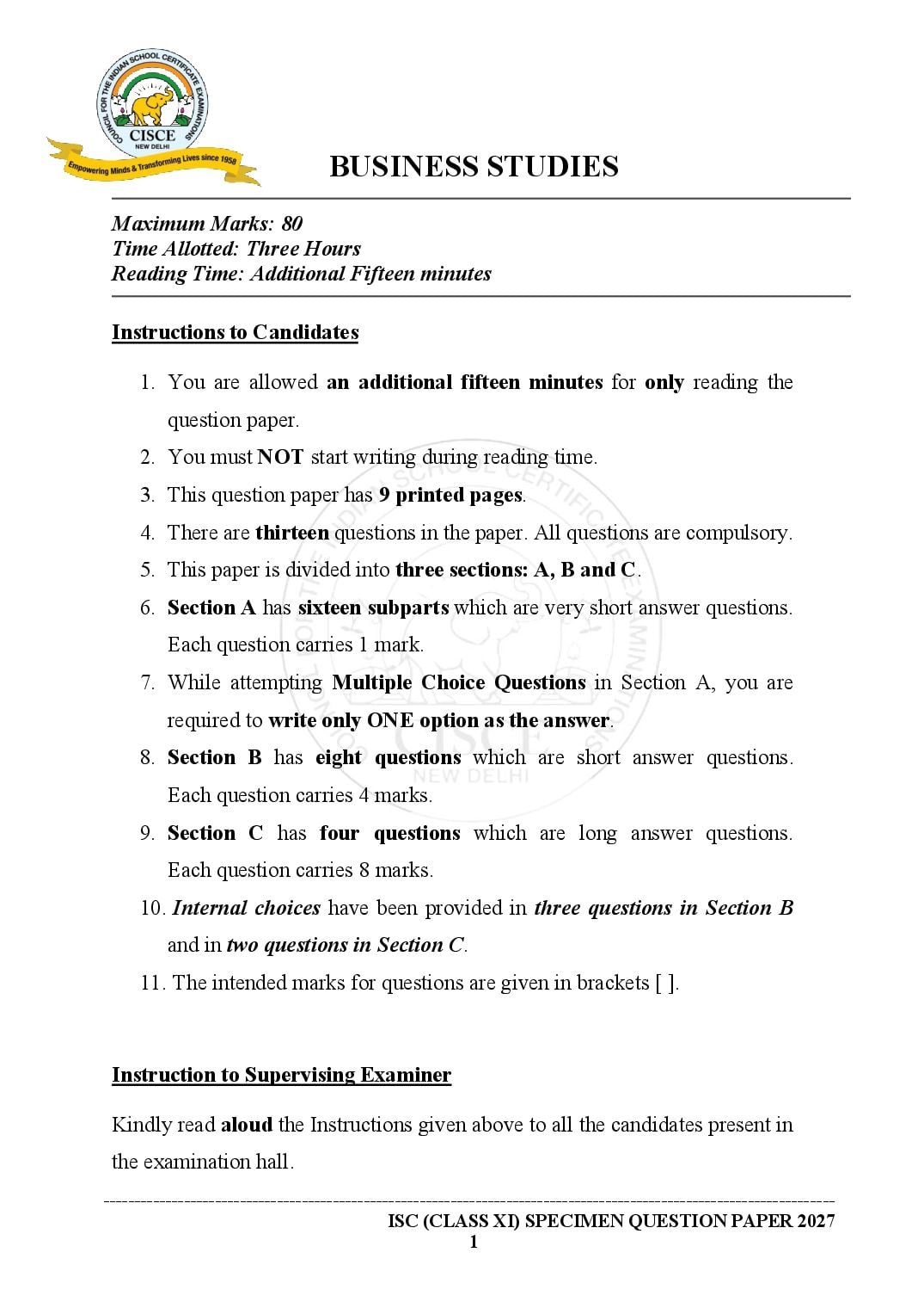 ISC Class 11 Specimen Paper 2027 Busienss Studies - Page 1 of 20