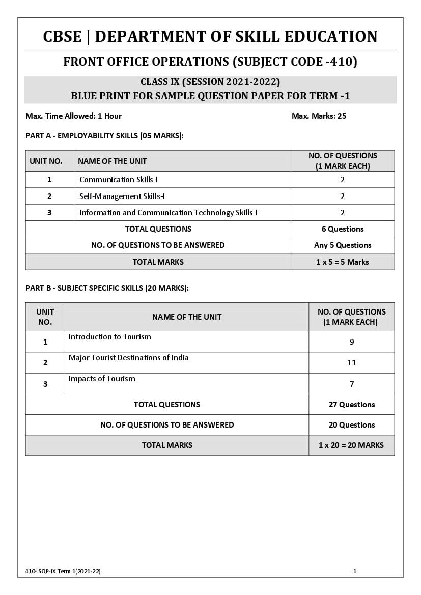 CBSE Class 9 Sample Paper 2022 for Front Office Operations Term 1 - Page 1