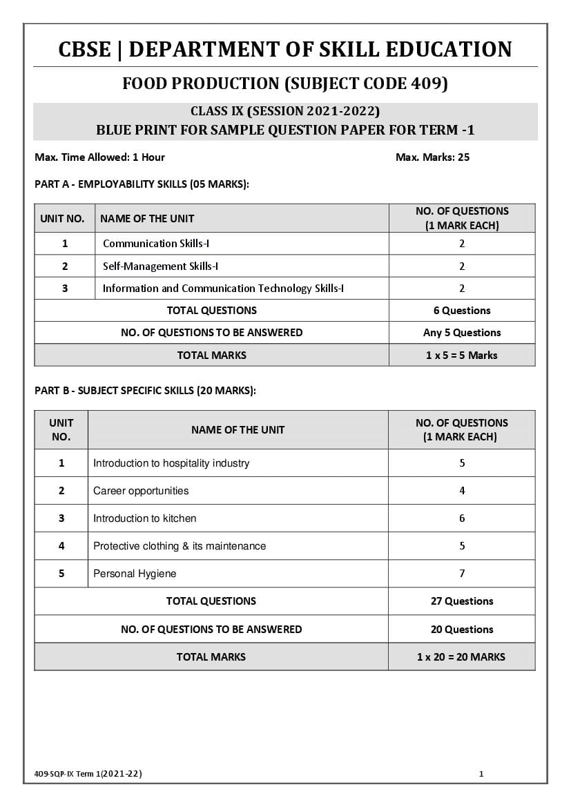 CBSE Class 9 Sample Paper 2022 for Food Production Term 1 - Page 1