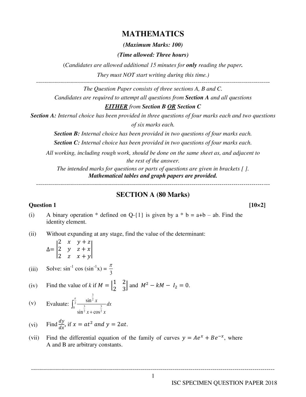 ISC Class 12 Specimen Paper 2018 for Maths - Page 1