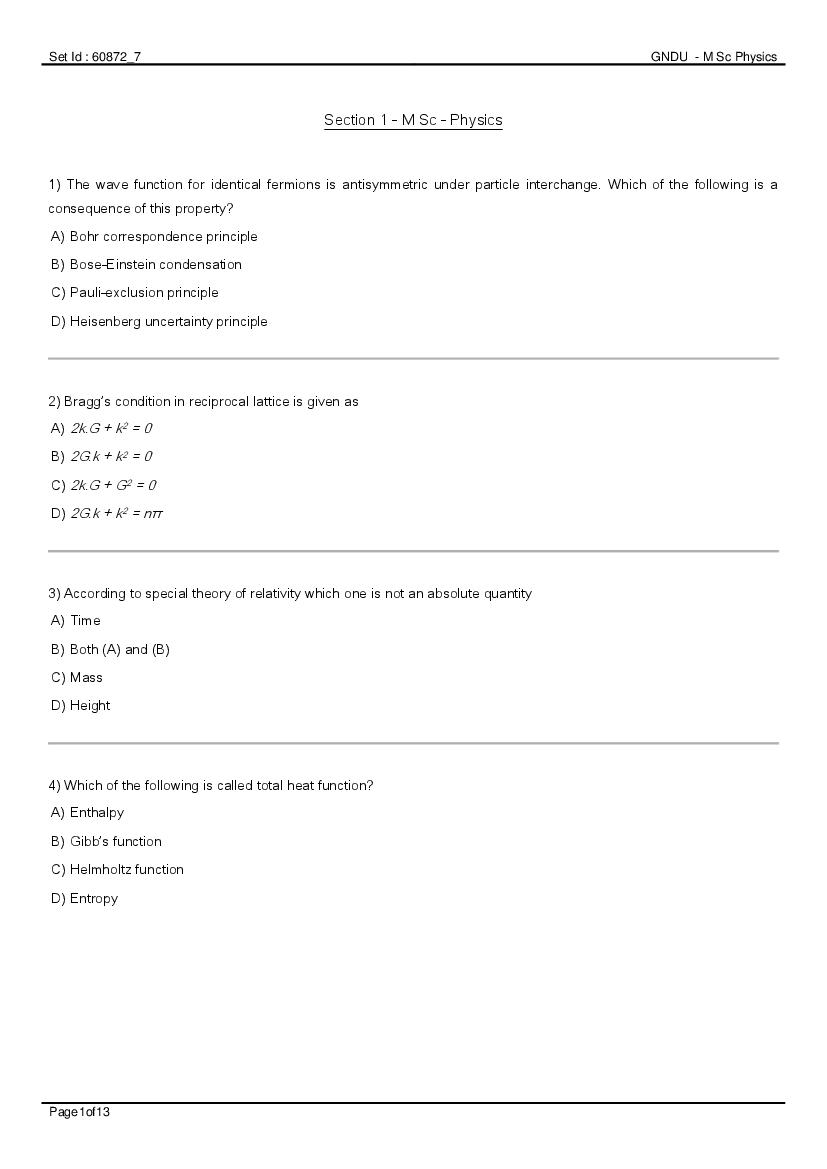 GNDU 2020 Entrance Exam Question Paper M.Sc Physics - Page 1