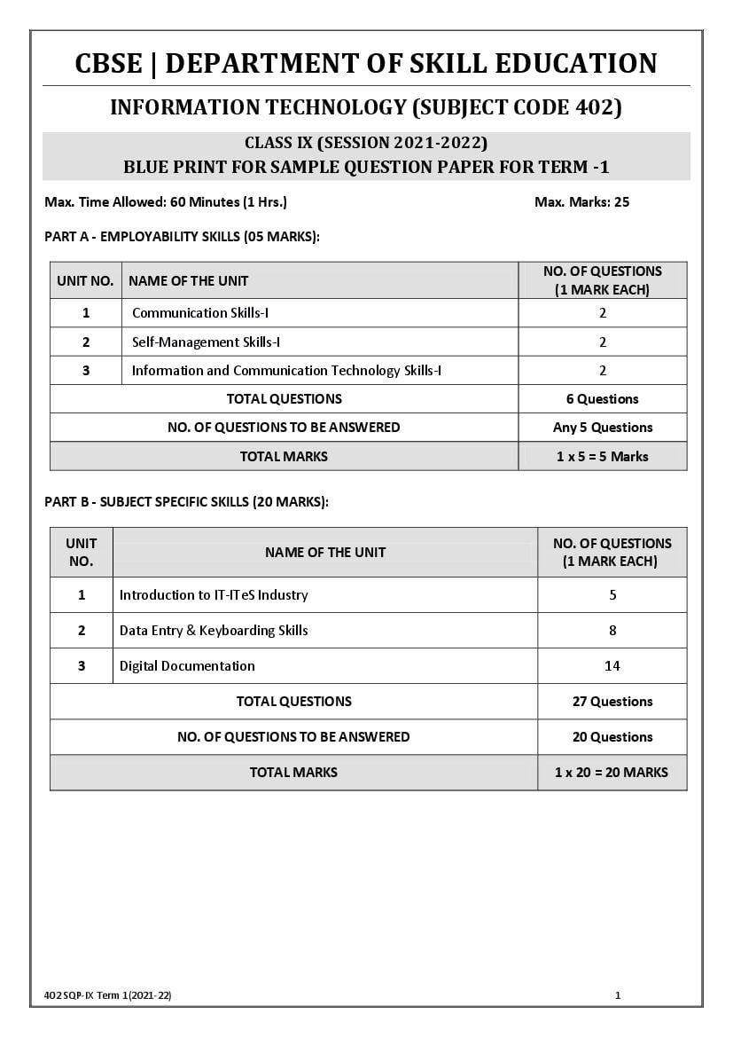 CBSE Class 9 Sample Paper 2022 for Information Technology Term 1 - Page 1