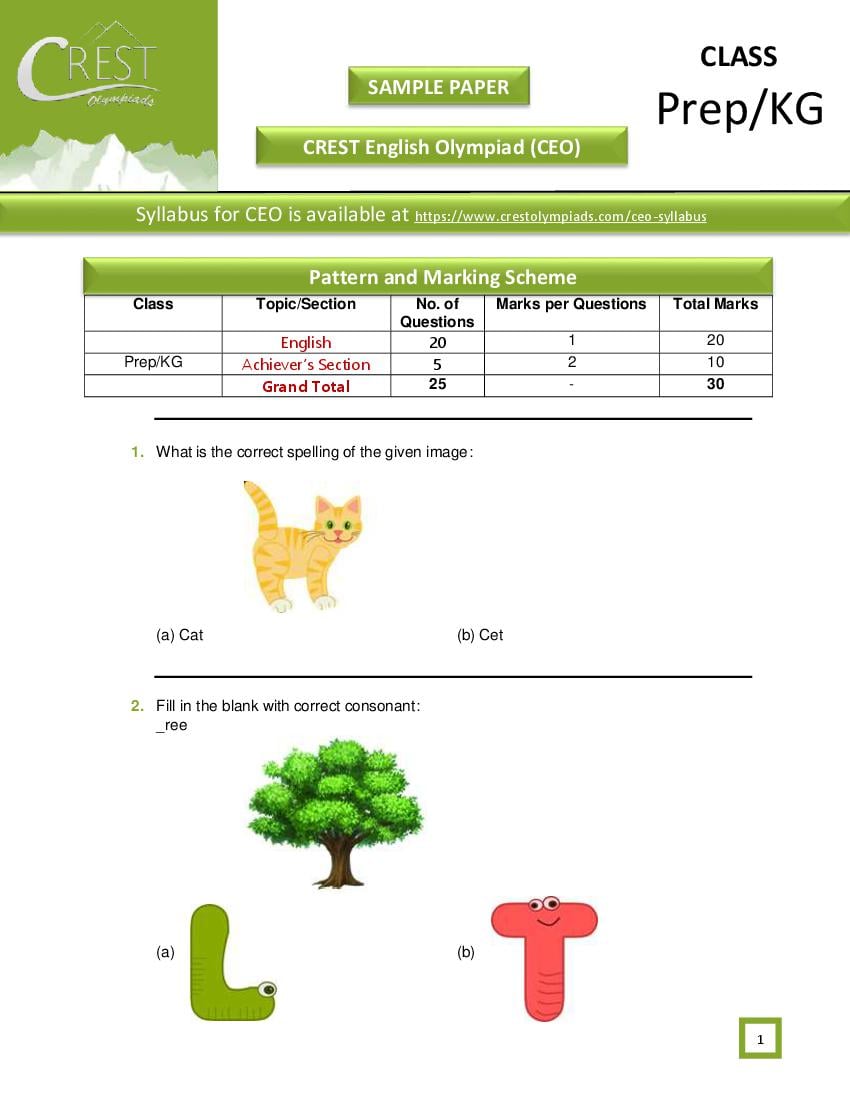 CREST English Olympiad (CEO) Class Prep-KG Sample Paper - Page 1