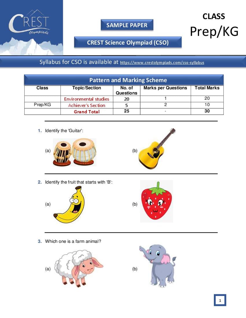 CREST Science Olympiad (CSO) Class Prep-KG Sample Paper - Page 1