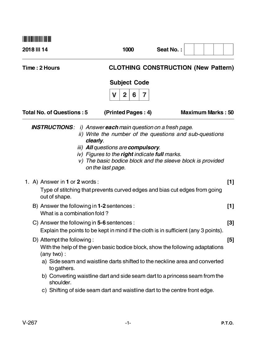 Goa Board Class 12 Question Paper Mar 2018 Clothing Construction _New Pattern_ - Page 1