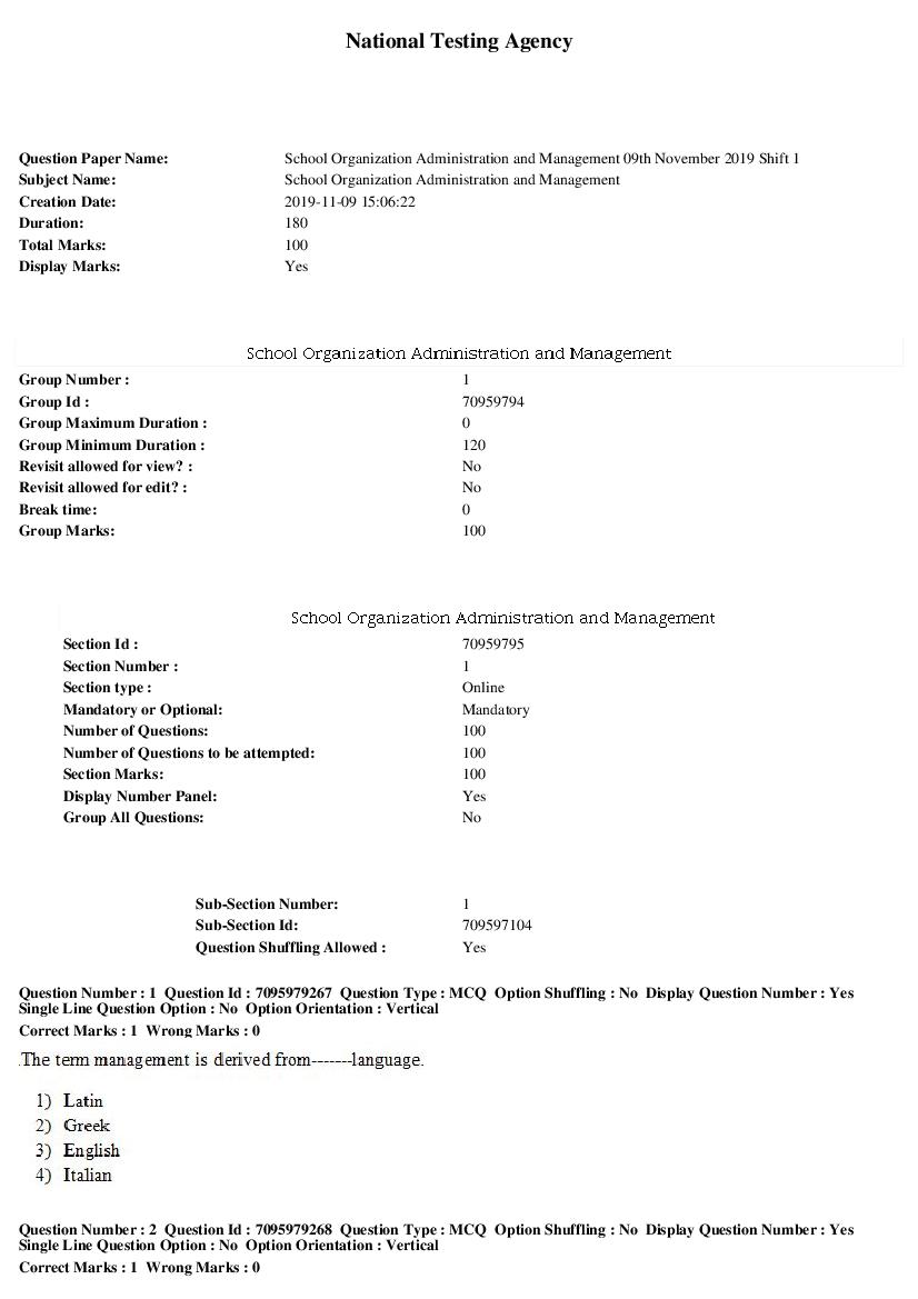 SWAYAM 2019 Question Paper School Organization Administration and Management - Page 1 of 22