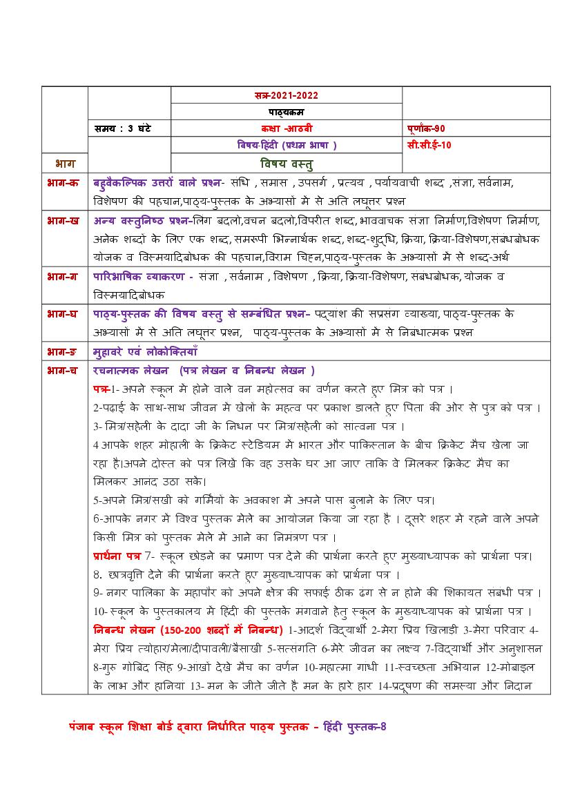 PSEB Syllabus 2021-22 for Class 8 Hindi First Language - Page 1