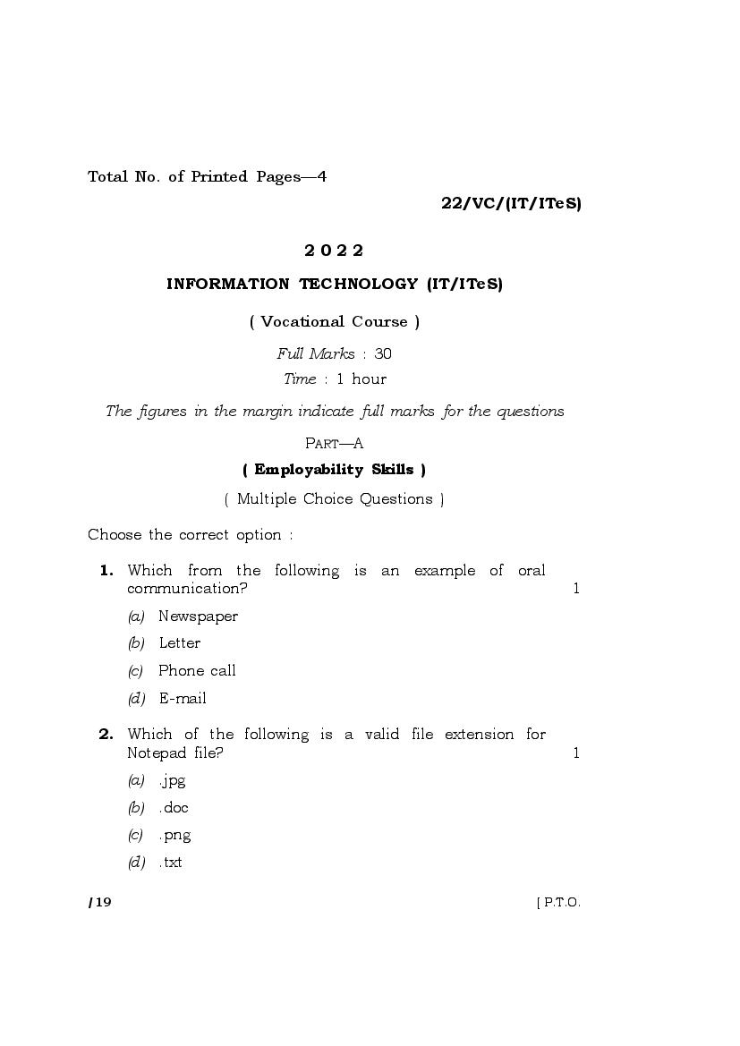 MBOSE Class 10 Question Paper 2022 for IT ITeS - Page 1