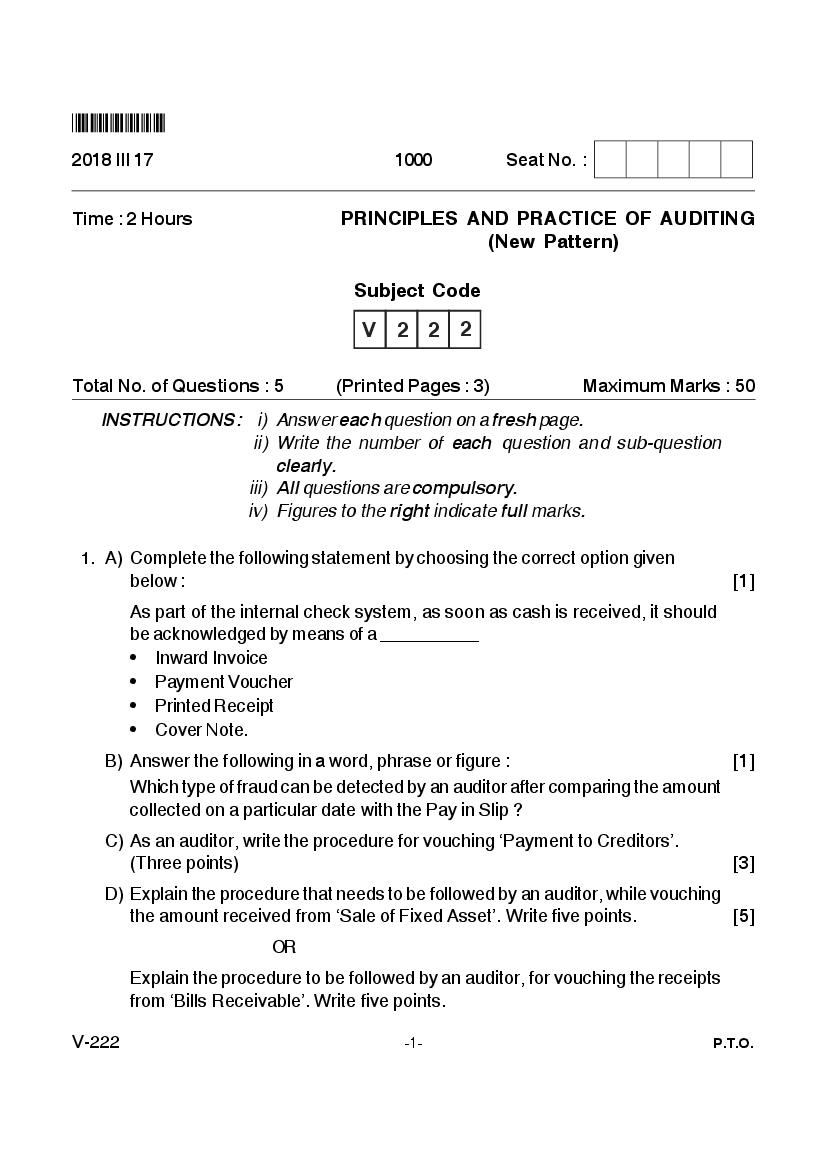 Goa Board Class 12 Question Paper Mar 2018 Principles and Practice of Auditing _New Pattern_ - Page 1