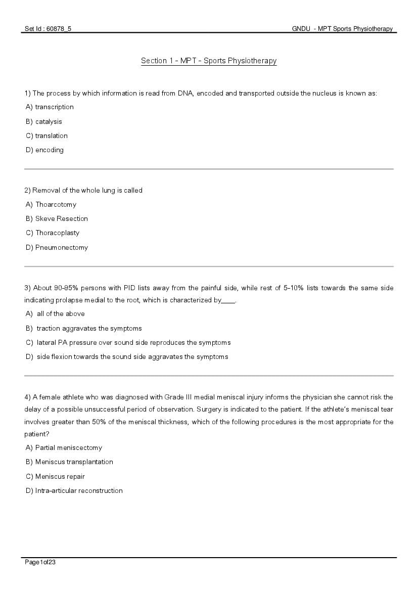 GNDU 2020 Entrance Exam Question Paper MPT Sports Physiotheraphy - Page 1