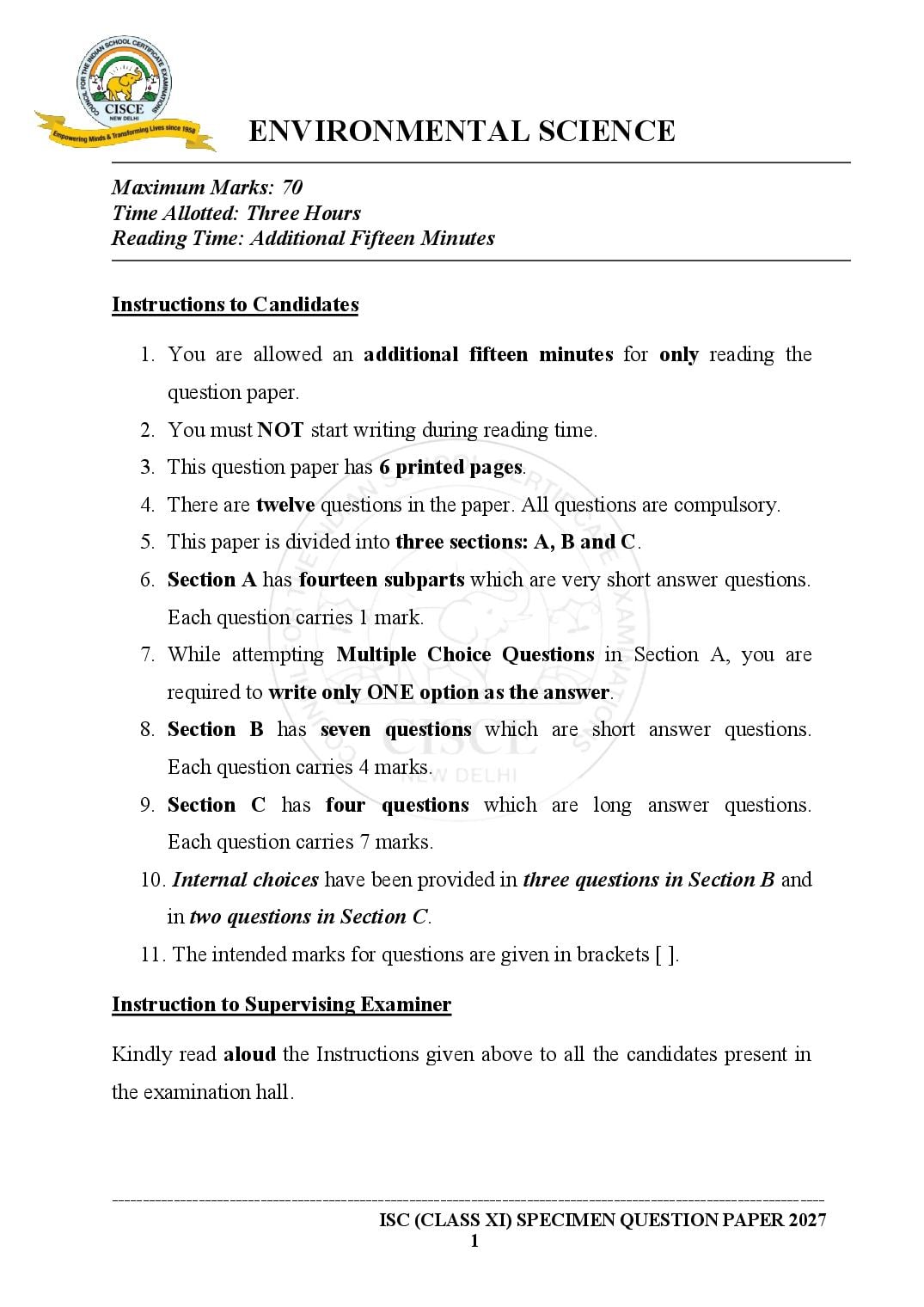 ISC Class 11 Environmental Science Specimen Paper 2027 (PDF)