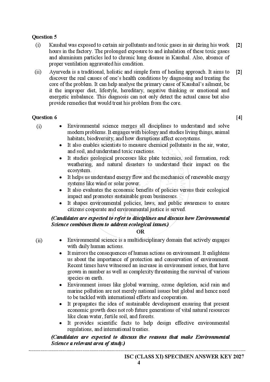 ISC Class 11 Environmental Science Specimen Paper 2027 (PDF)