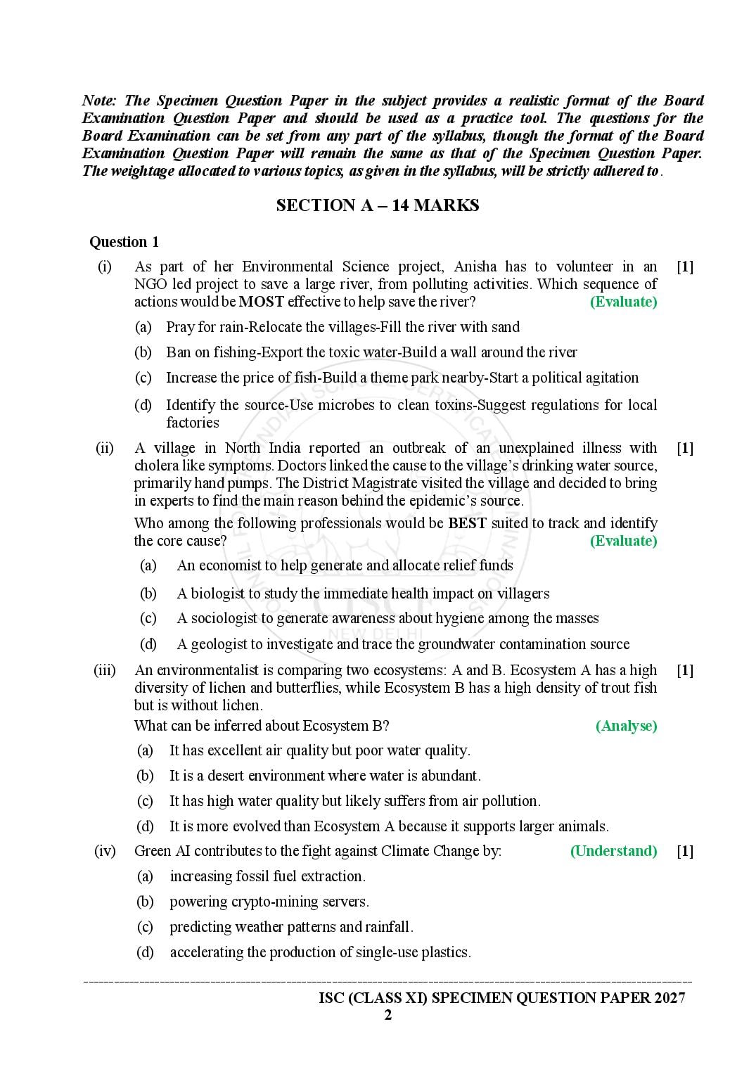 ISC Class 11 Environmental Science Specimen Paper 2027 (PDF)