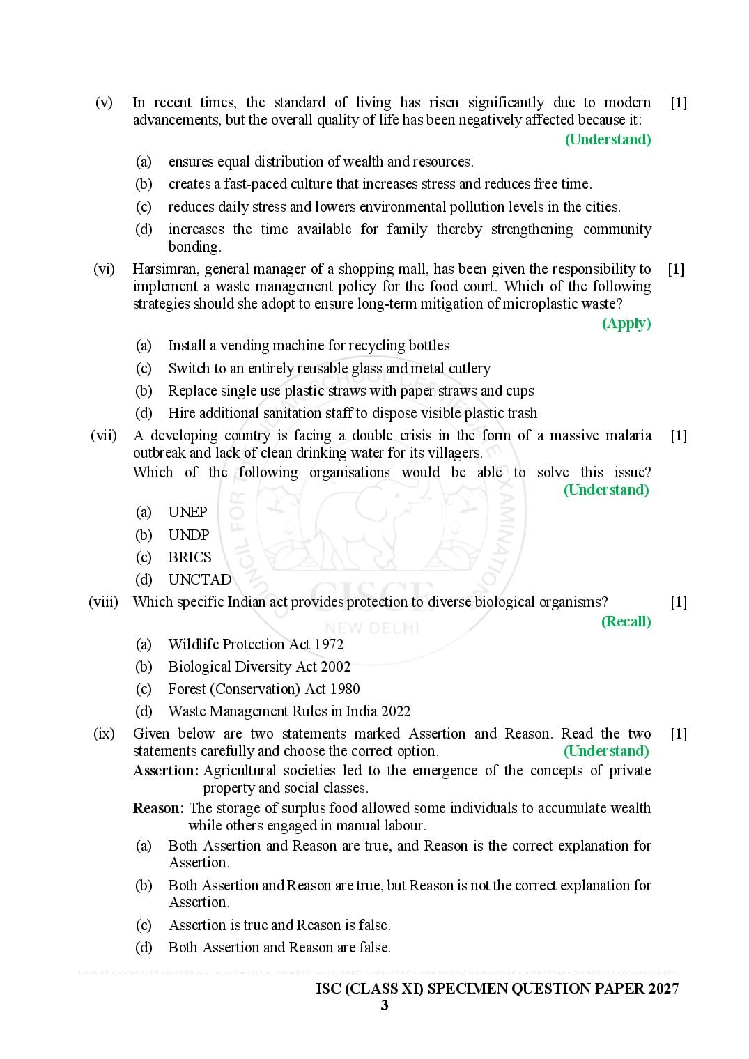 ISC Class 11 Environmental Science Specimen Paper 2027 (PDF)