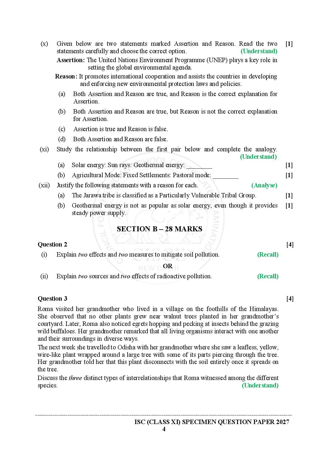 ISC Class 11 Environmental Science Specimen Paper 2027 (PDF)