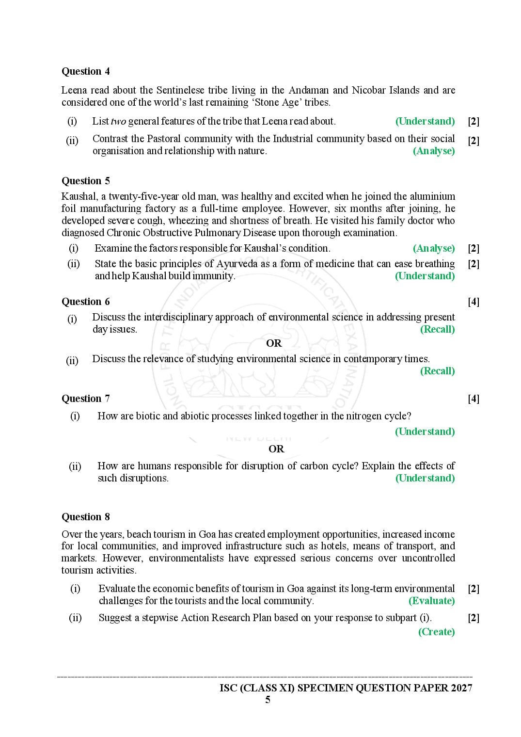 ISC Class 11 Environmental Science Specimen Paper 2027 (PDF)