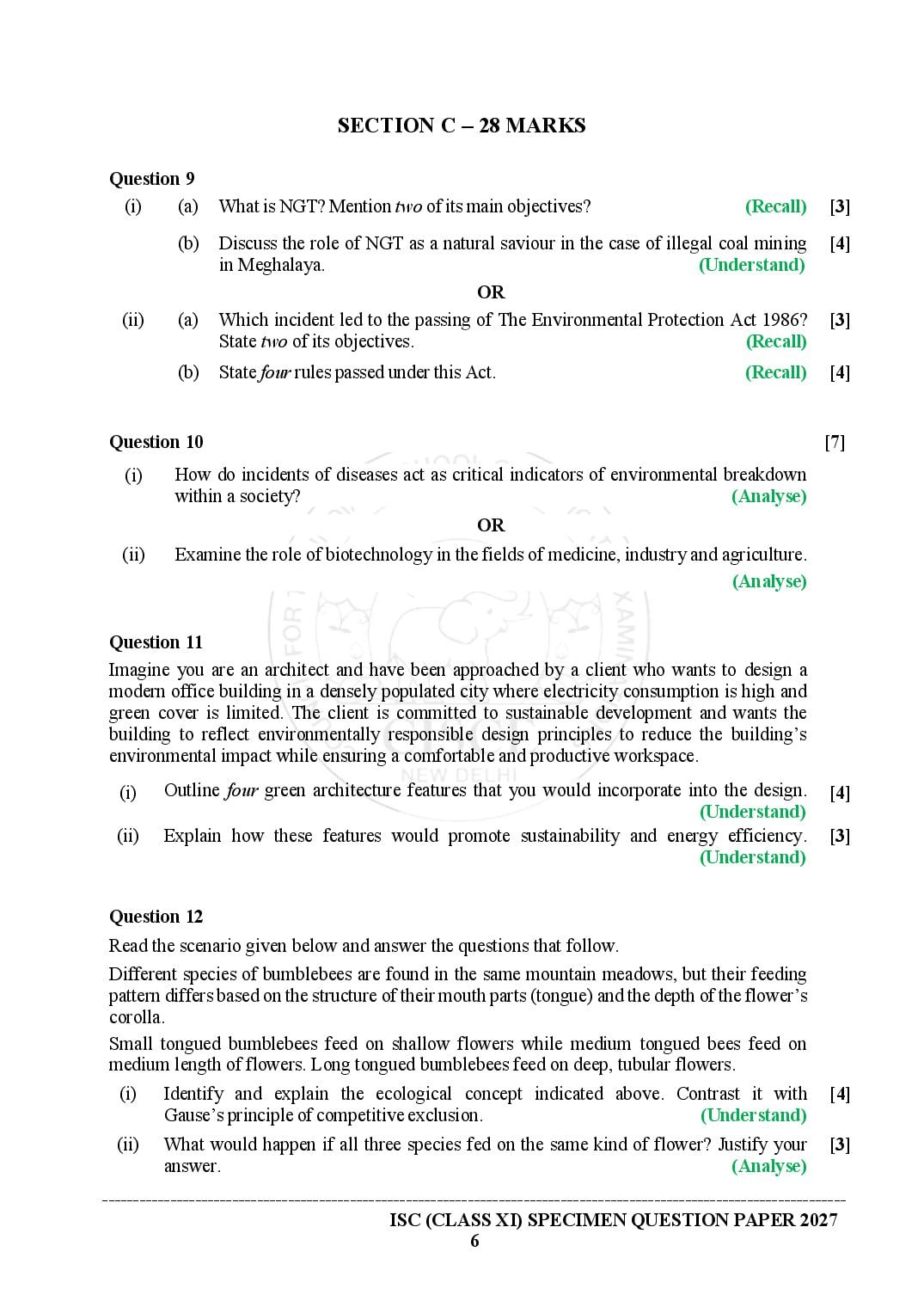 ISC Class 11 Environmental Science Specimen Paper 2027 (PDF)