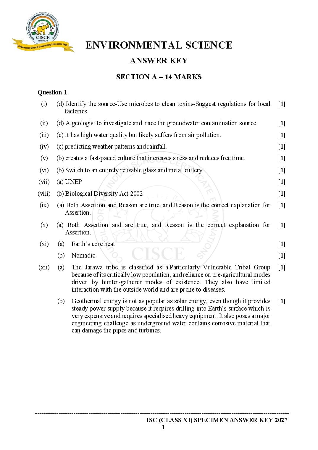 ISC Class 11 Environmental Science Specimen Paper 2027 (PDF)