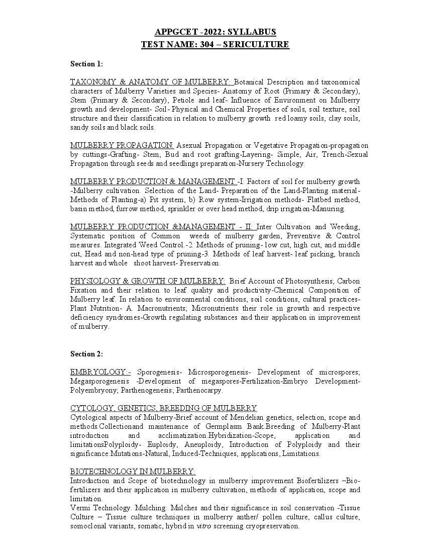 AP PGCET 2022 Syllabus Sericulture - Page 1