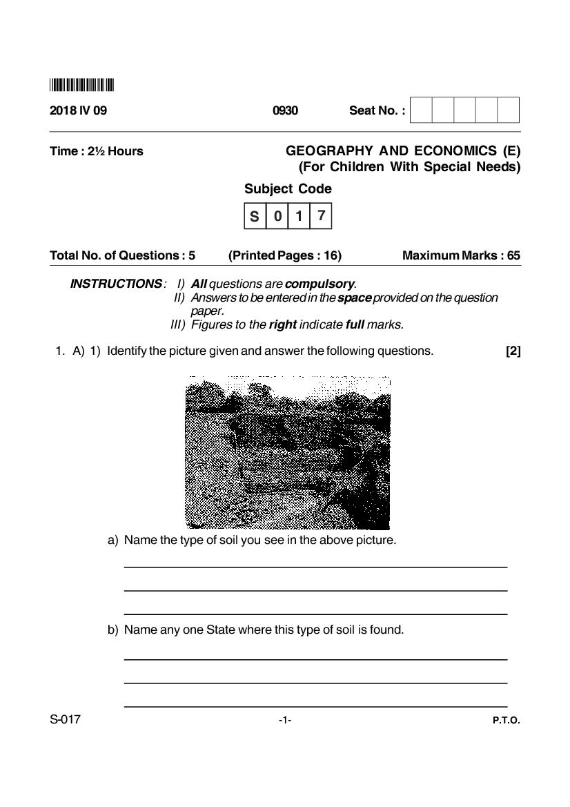 Goa Board Class 10 Question Paper Apr 2018 Geography and Ecnomics English CWSN - Page 1