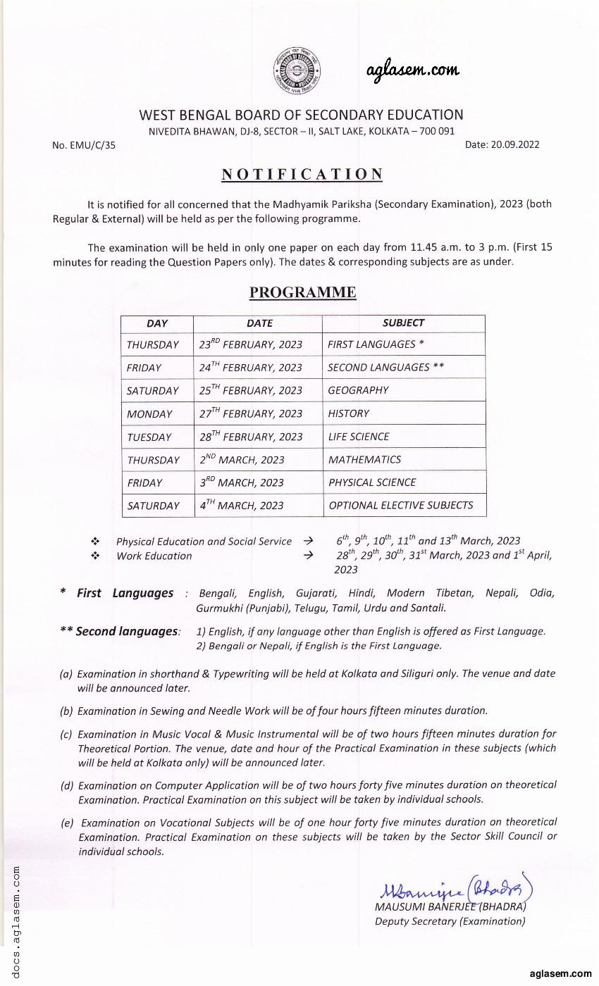 West Bengal Madhyamik Routine 2023 - Page 1
