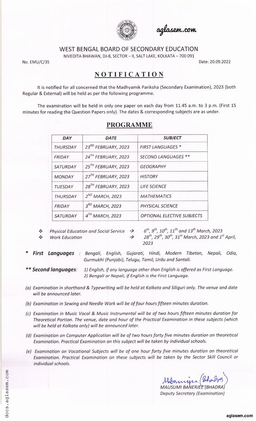 West Bengal Madhyamik Routine 2023
