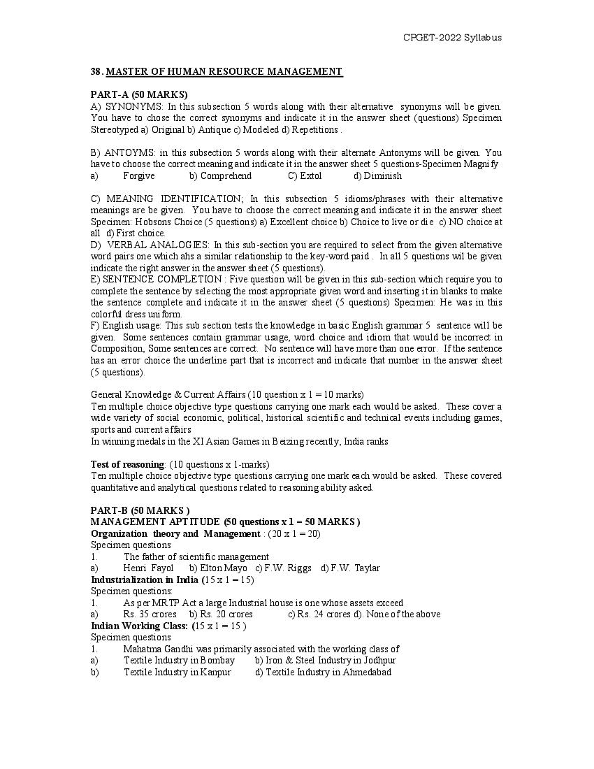 TS CPGET 2022 Syllabus Master of Human Resource Management - Page 1