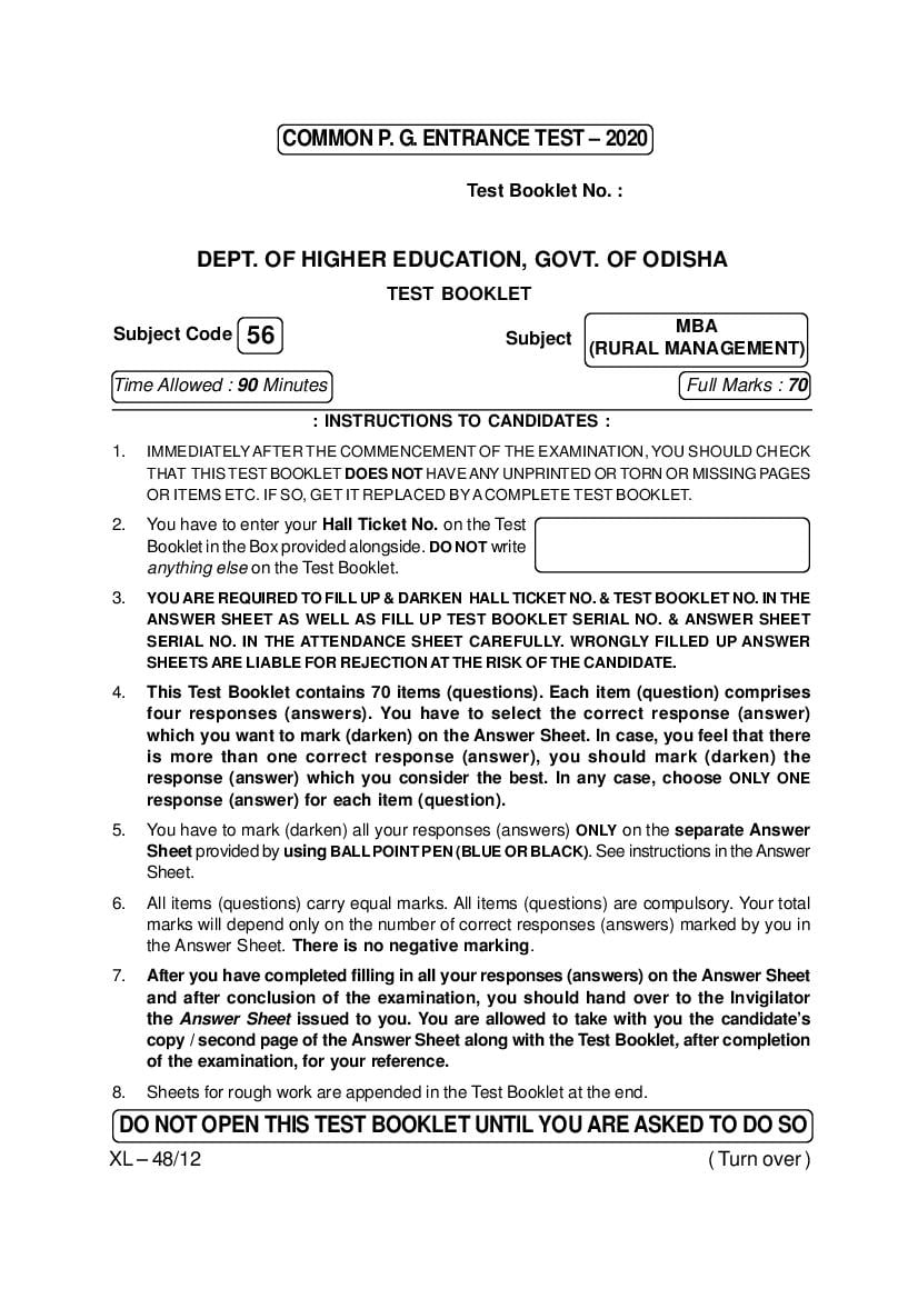 Odisha CPET 2020 Question Paper MBA (Rural Management) - Page 1
