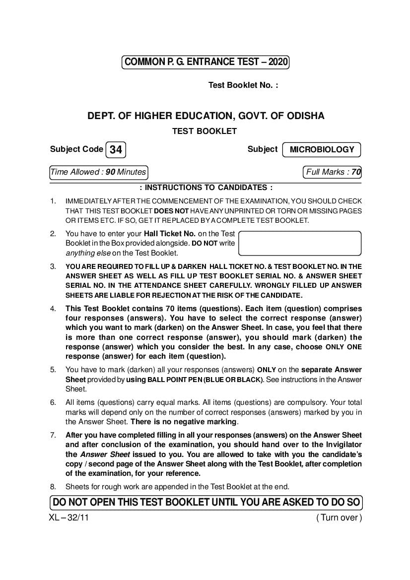 Odisha CPET 2020 Question Paper Microbiology - Page 1