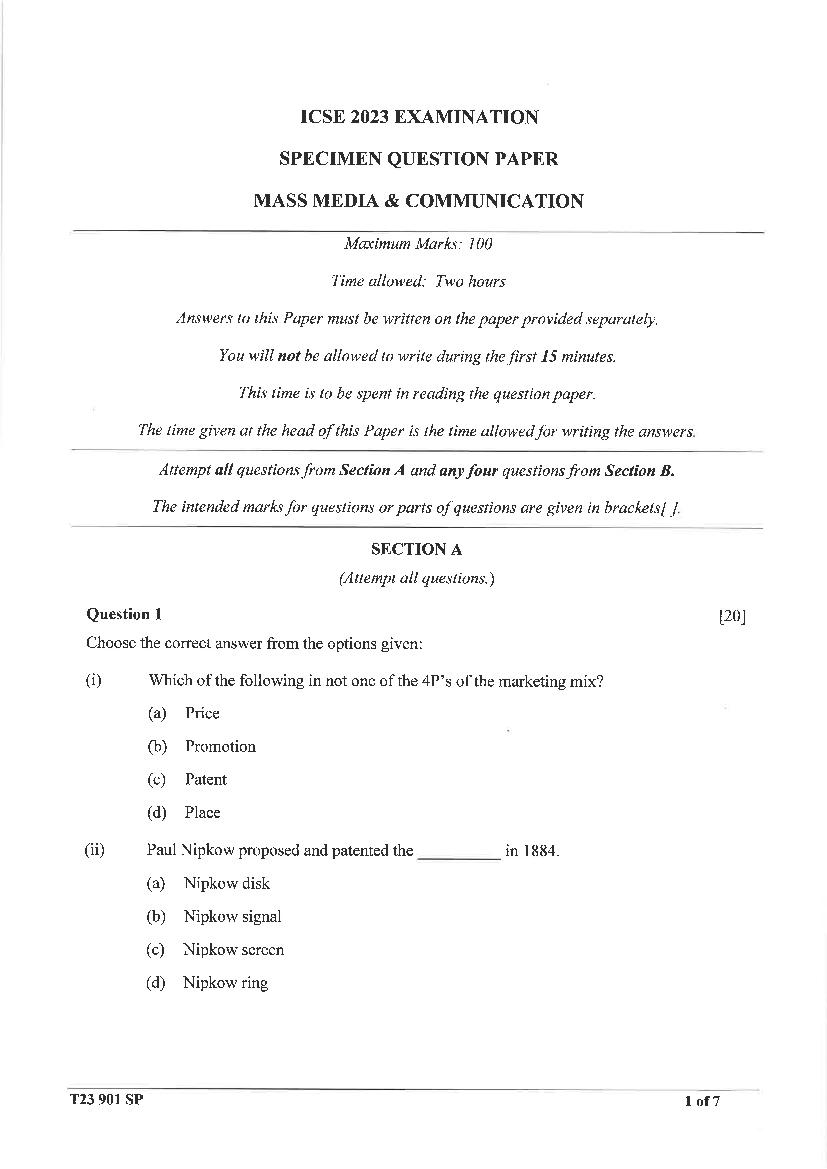 ICSE Mass Media Communication Specimen Paper 2024 (PDF) CISCE Class