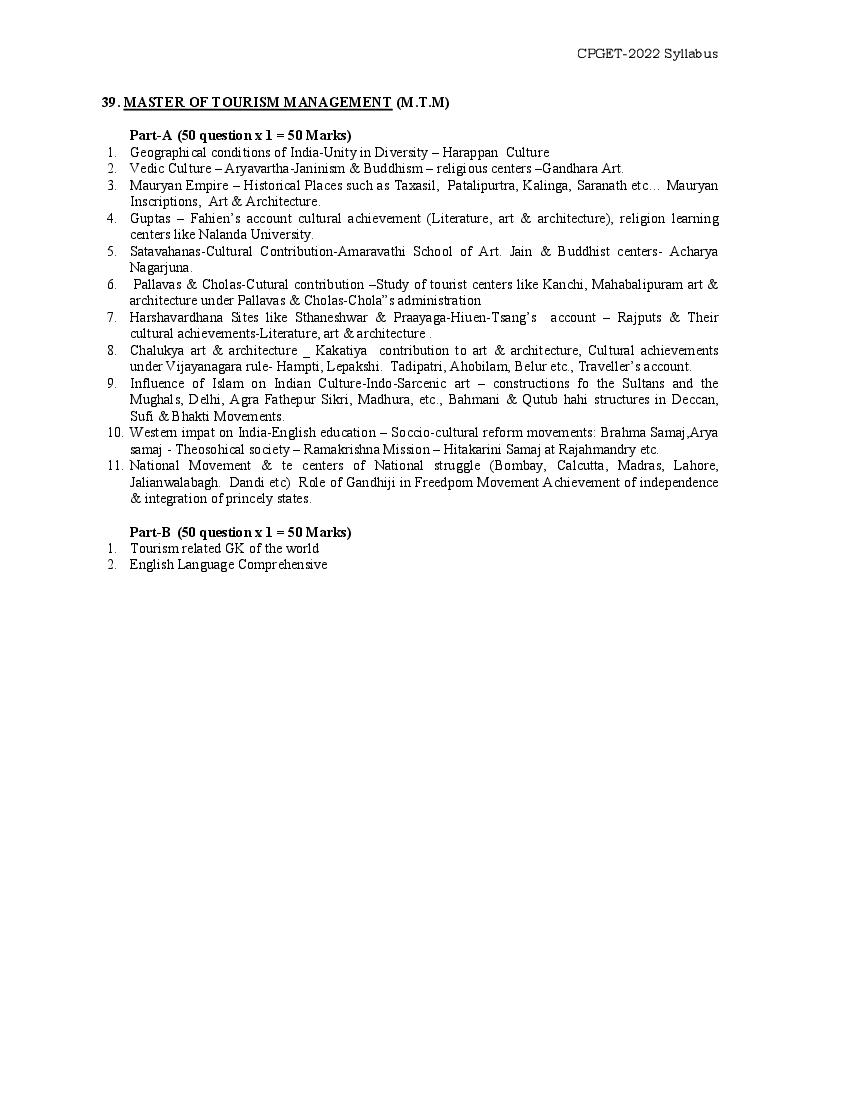 TS CPGET 2022 Syllabus Master of Tourism Management - Page 1