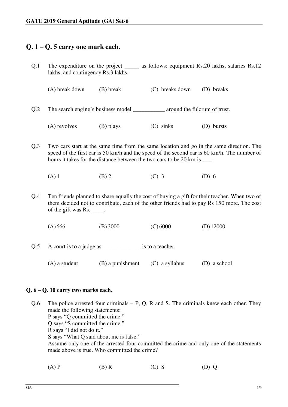 GATE 2019 Chemical Engineering (CE) Question Paper with Answer - Page 1