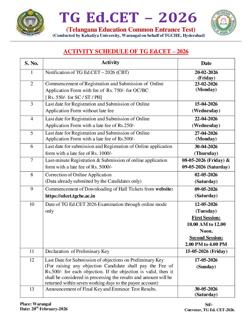 TG EdCET 2026 Important Dates Notice - Page 1