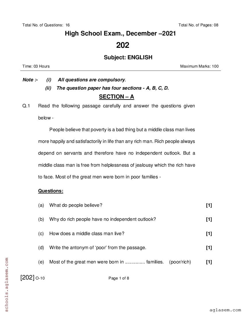 MPSOS Class 10 Question Paper 2021 English - Page 1