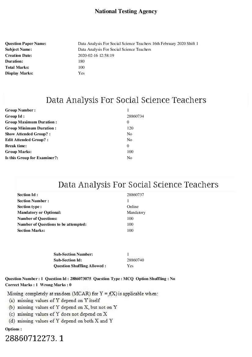 ARPIT 2020 Question Paper for Data Analysis For Social Science Teachers - Page 1