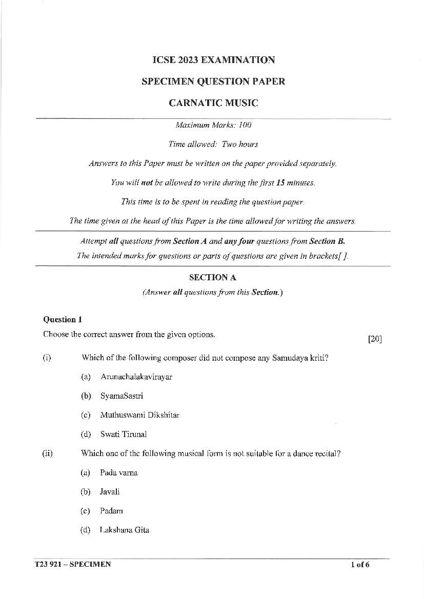 ICSE Class 10 Sample Paper 2023 Music Carnatic - Page 1