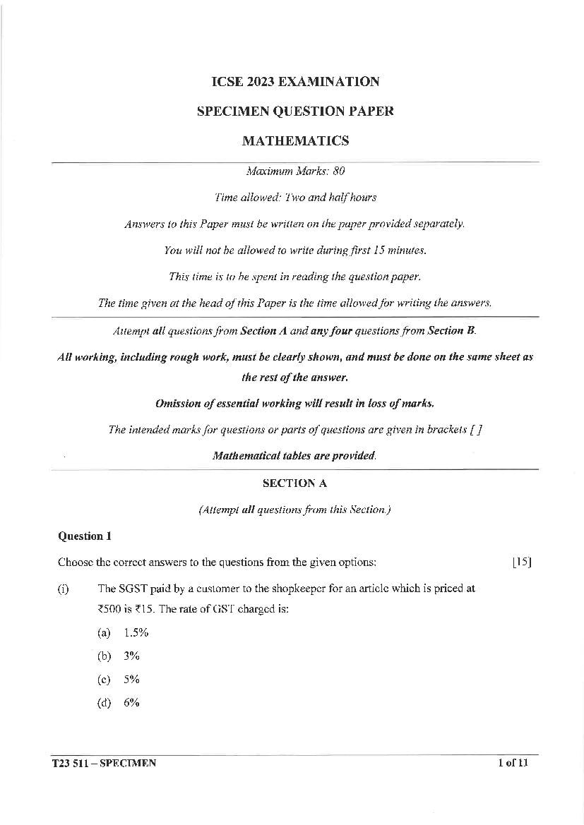 ICSE Class 10 Sample Paper 2023 Maths - Page 1