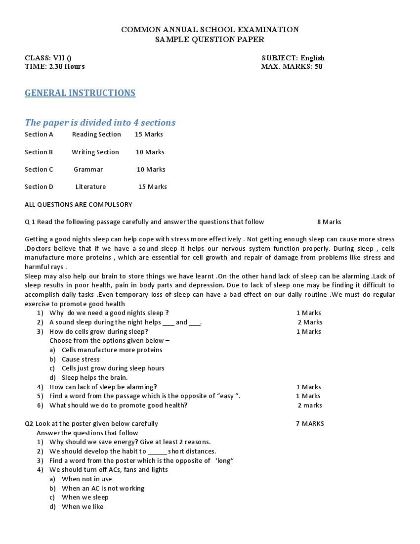 Class 7 Sample Paper 2022 2023 English Download PDF