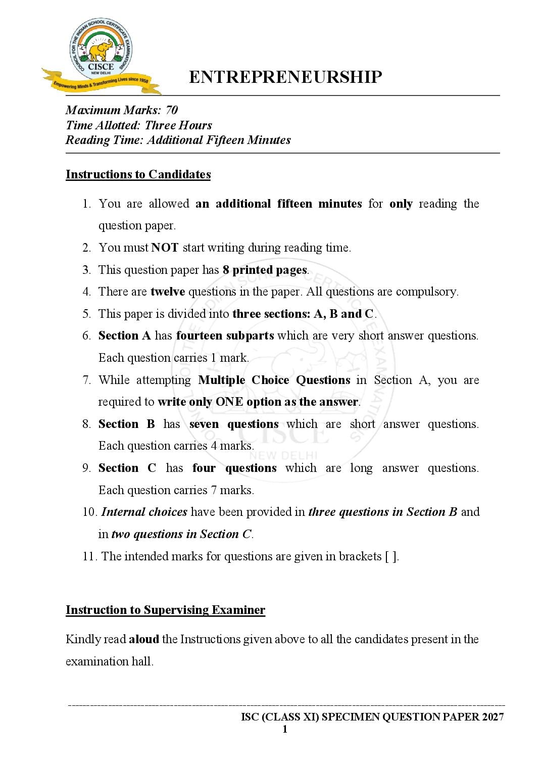 ISC Entrepreneurship Specimen Paper 2027 with Answers – Class 11