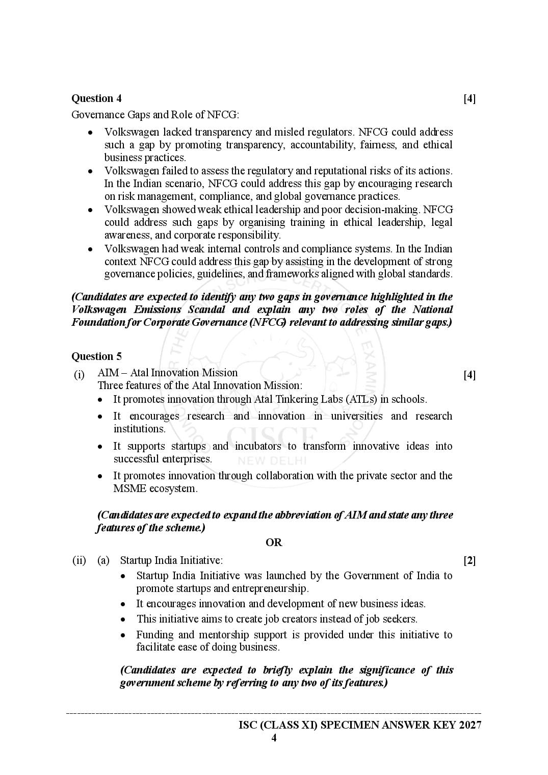 ISC Entrepreneurship Specimen Paper 2027 with Answers – Class 11