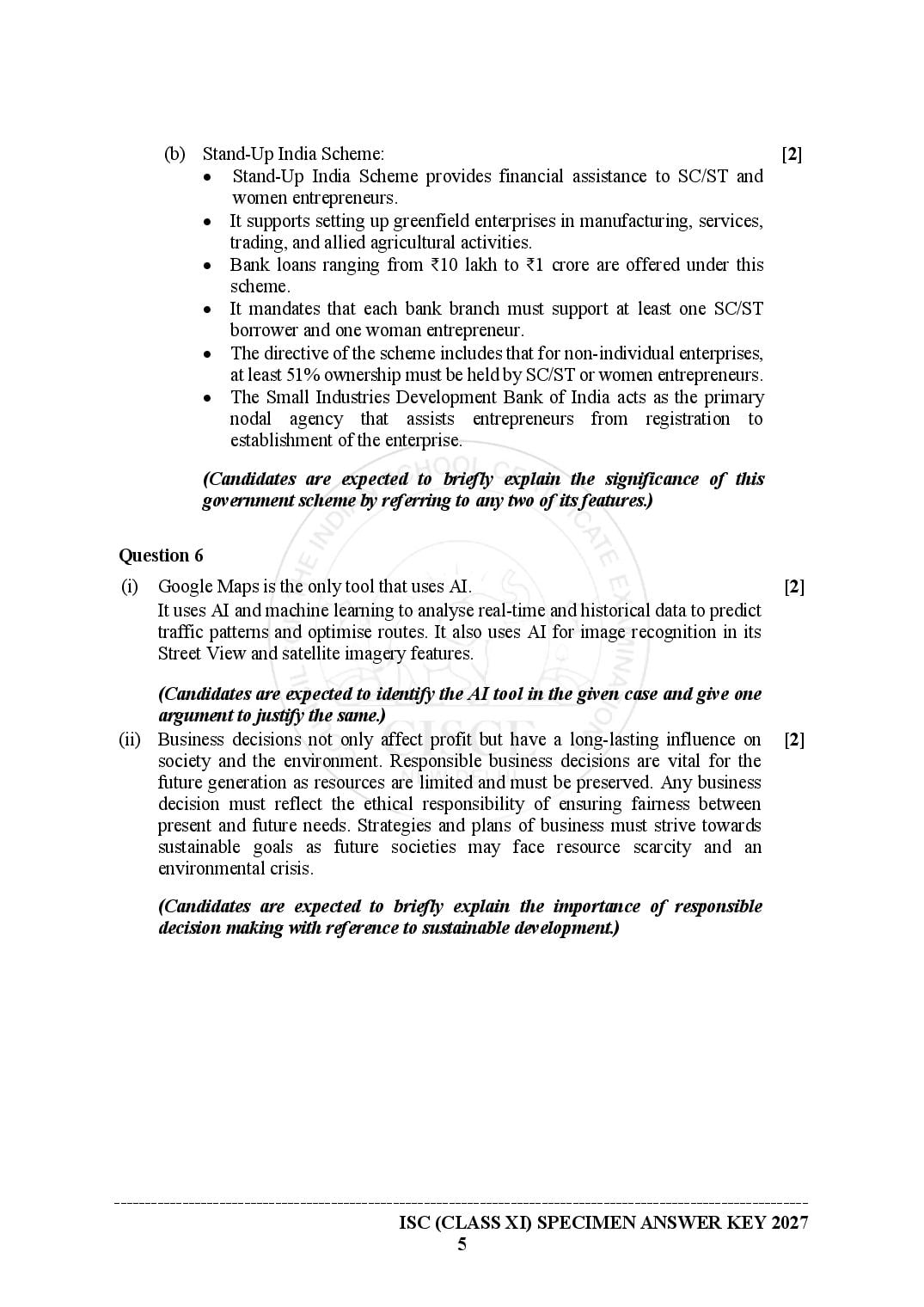 ISC Entrepreneurship Specimen Paper 2027 with Answers – Class 11