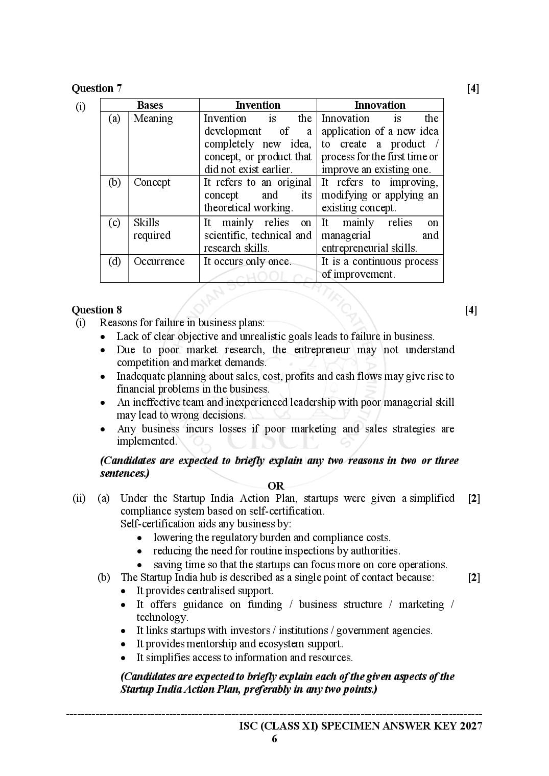 ISC Entrepreneurship Specimen Paper 2027 with Answers – Class 11