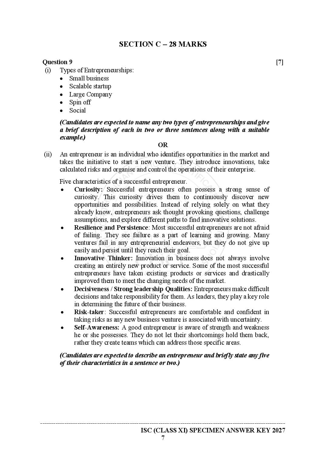 ISC Entrepreneurship Specimen Paper 2027 with Answers – Class 11