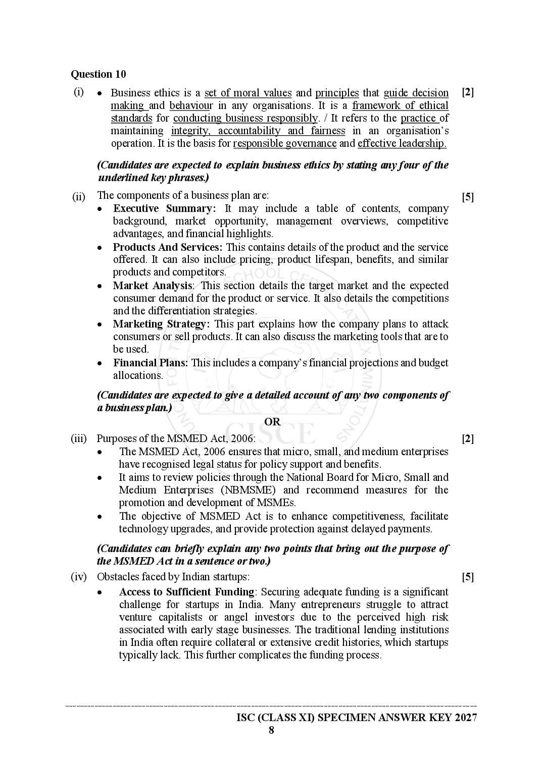 ISC Entrepreneurship Specimen Paper 2027 with Answers – Class 11