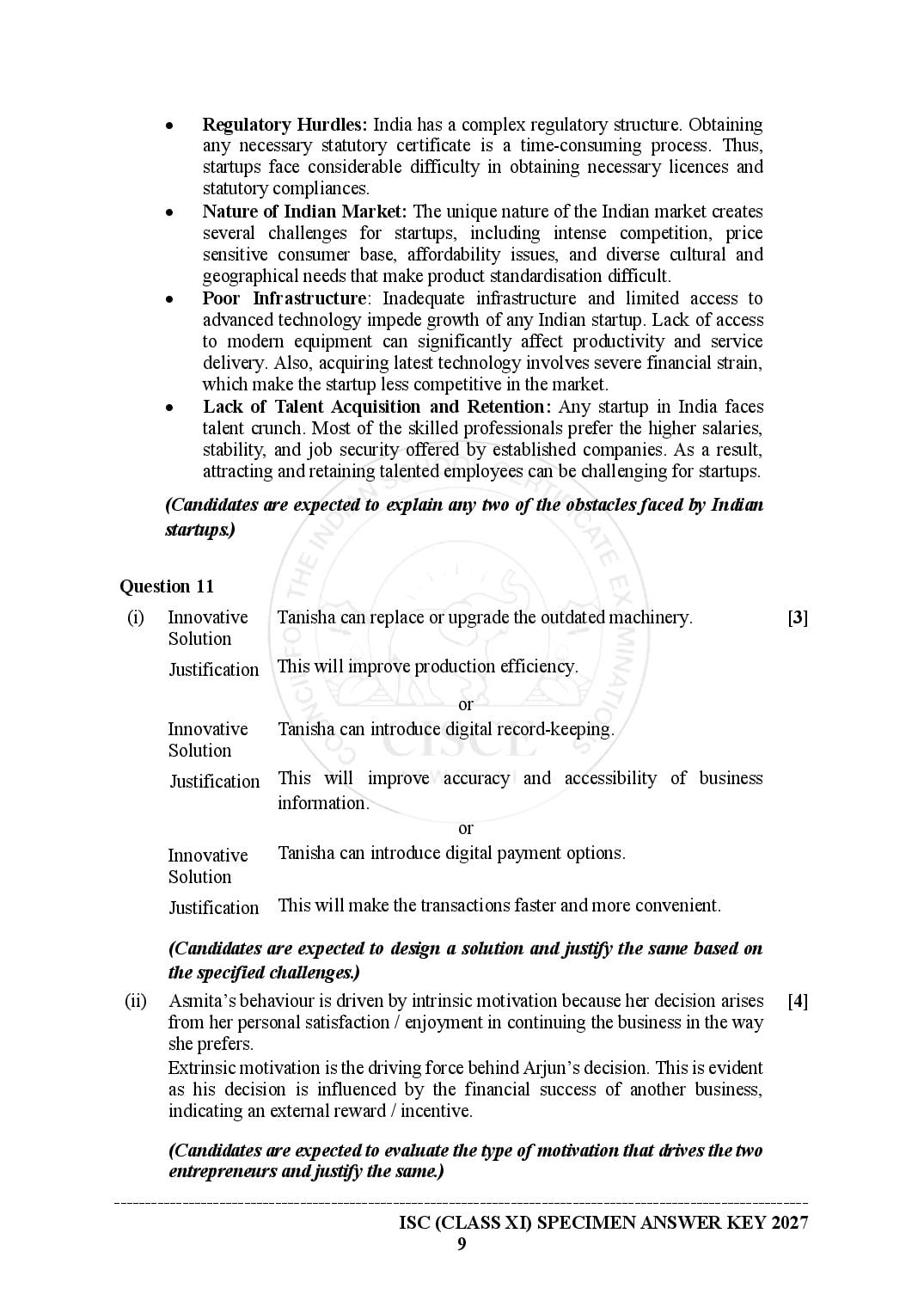 ISC Entrepreneurship Specimen Paper 2027 with Answers – Class 11