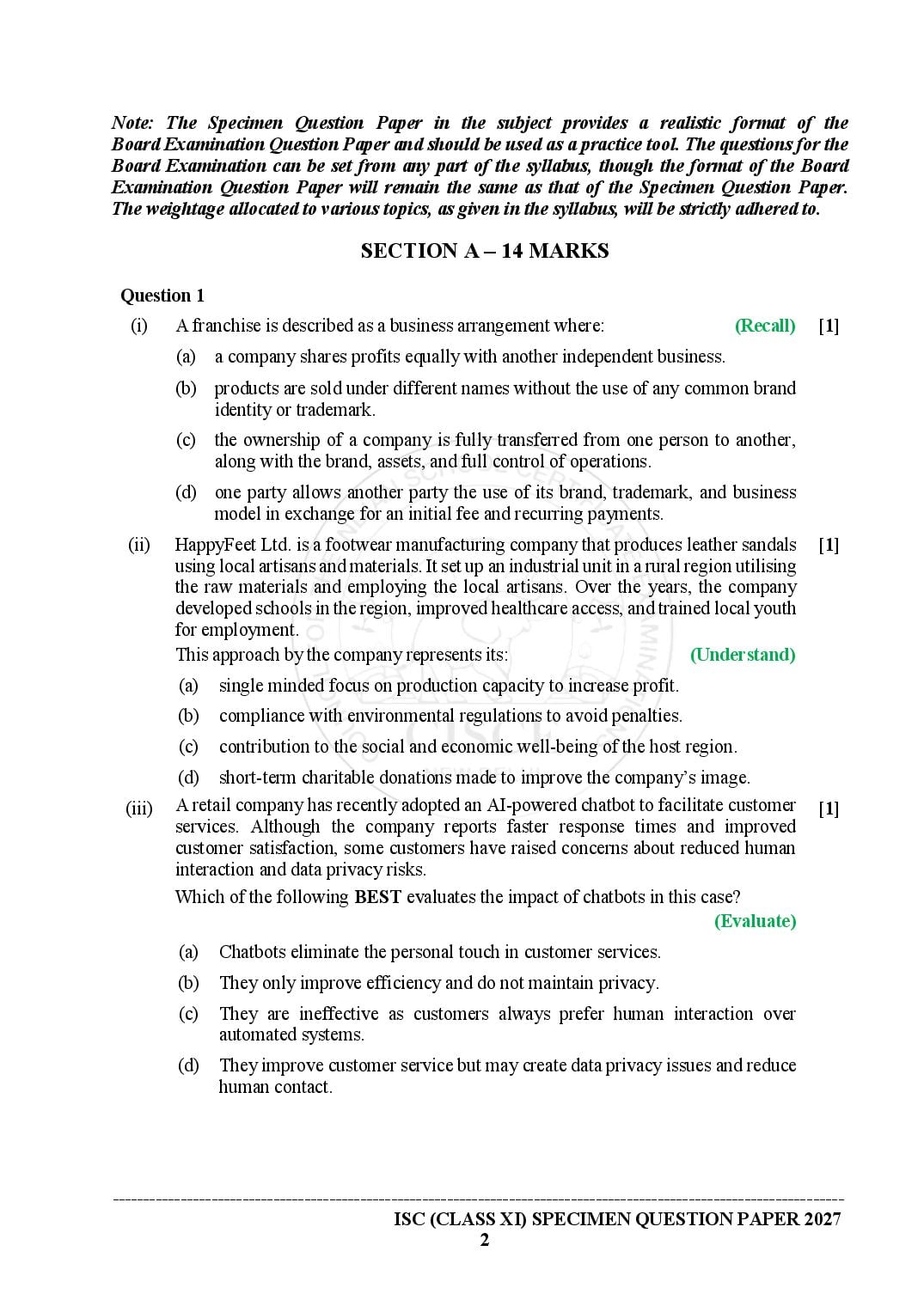ISC Entrepreneurship Specimen Paper 2027 with Answers – Class 11