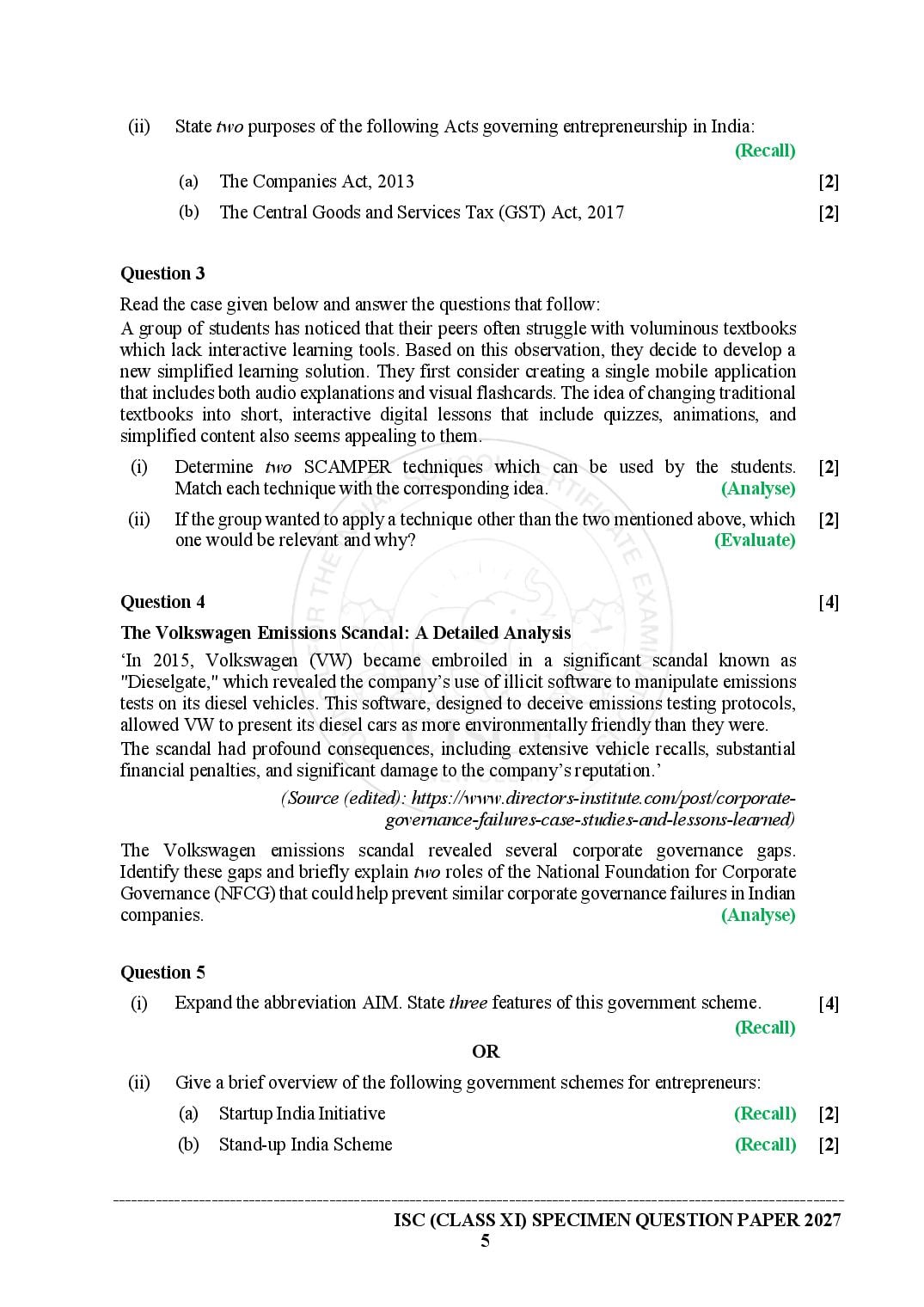ISC Entrepreneurship Specimen Paper 2027 with Answers – Class 11