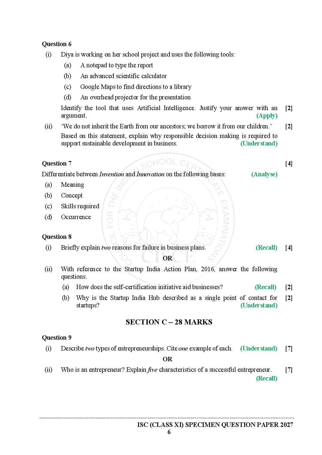 ISC Entrepreneurship Specimen Paper 2027 with Answers – Class 11