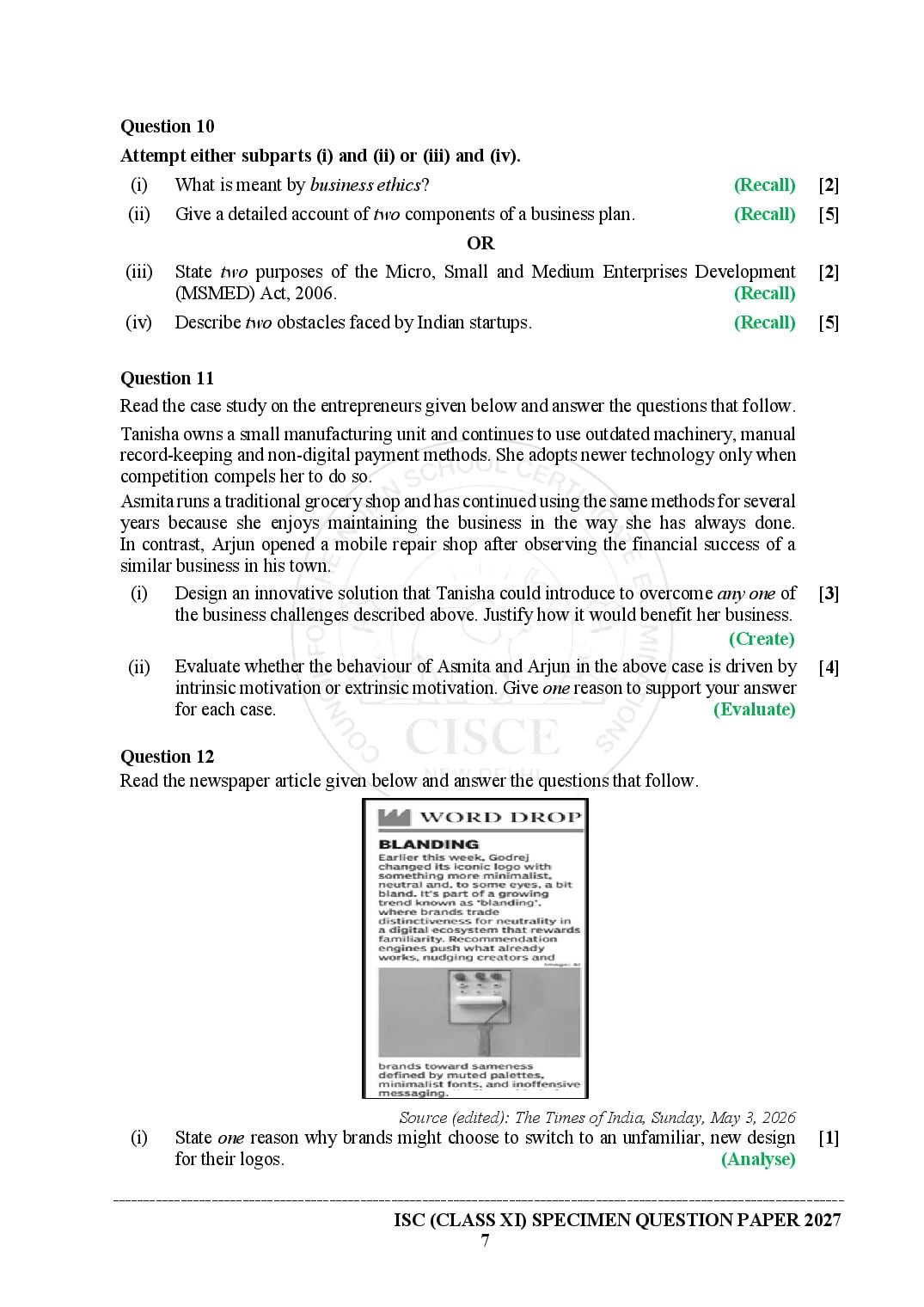ISC Entrepreneurship Specimen Paper 2027 with Answers – Class 11