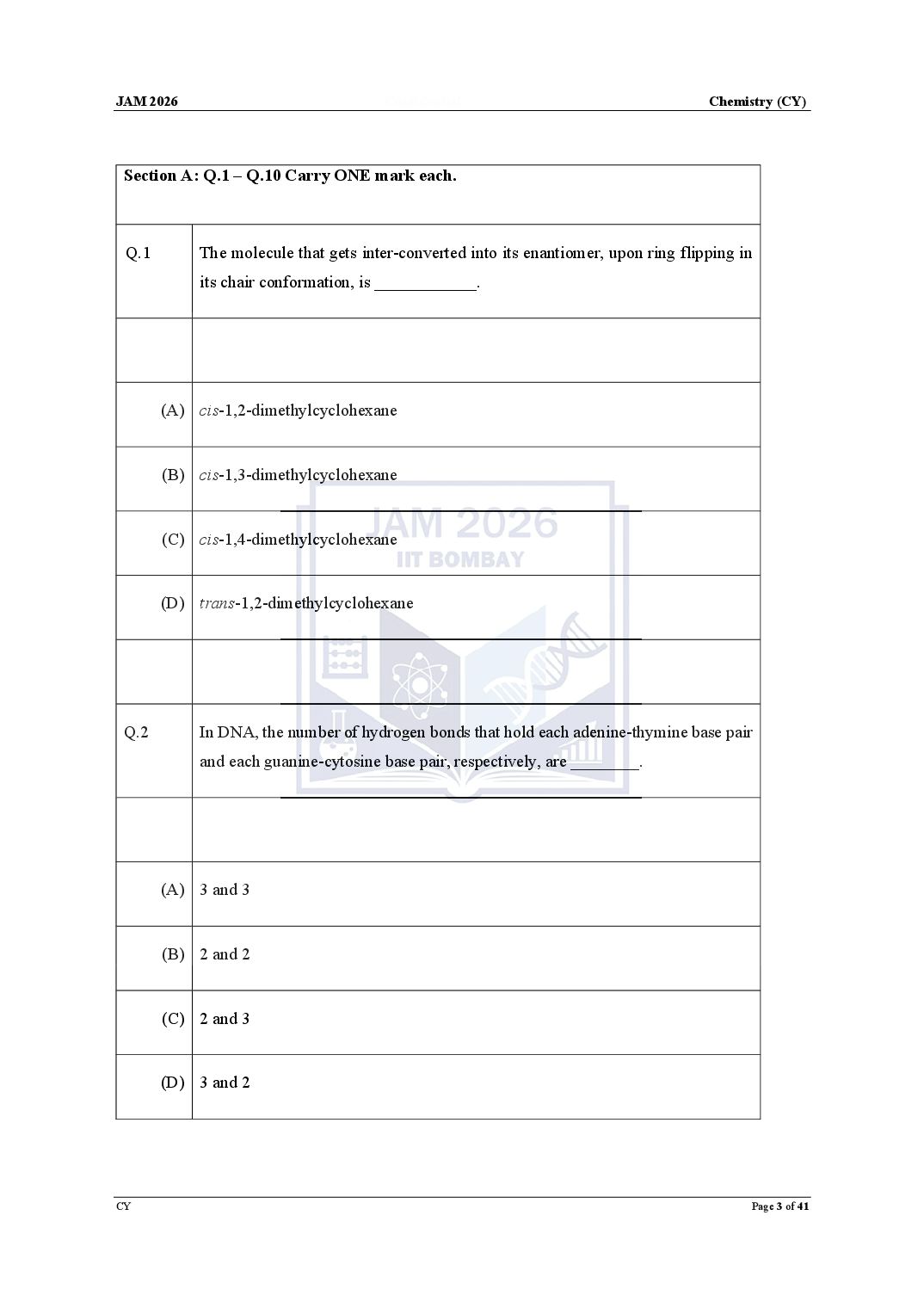 JAM 2026 Question Paper Chemistry (CY) - Page 1 of 35